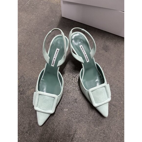 Manolo Blahnik Maysli 70 Suede Pump Heels Light Green - Picture 3 of 7